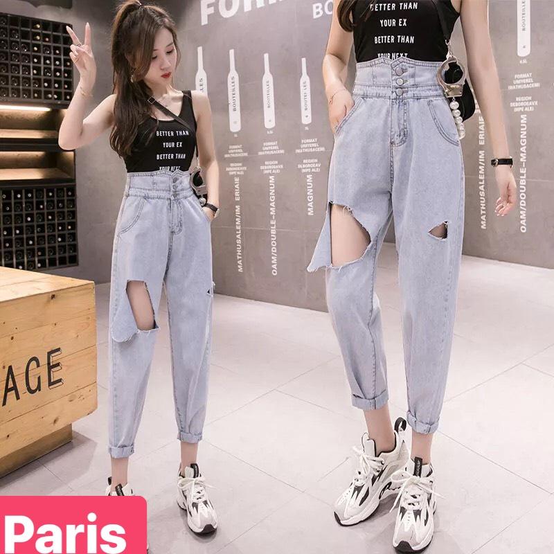 QUẦN BAGGY JEAN NỮ CHẤT BÒ XANH 3 CÚC RÁCH LƯNG CAO NÂNG MÔNG HÀN QUỐC PR-036 CAO CẤP - PARIS FASHION