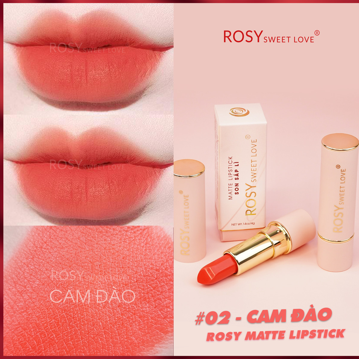 Son thỏi lì mịn môi ROSY SWEET LOVE 3.5g [Màu Cam Đào]