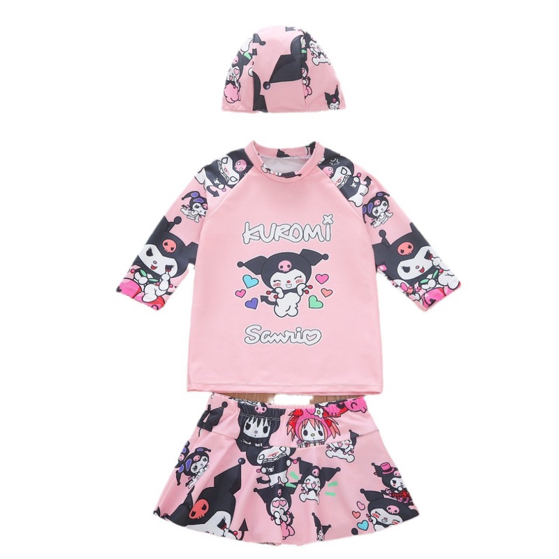 Bikini 2 mảnh cho bé gái hoạ tiết kuromi hot hit kèm mũ, đồ bơi cho bé gái 2 mảnh , đồ bơi cho bé