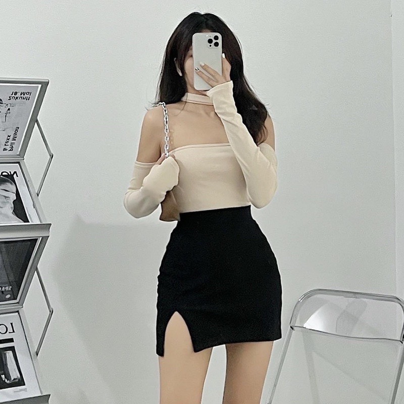 Chân váy ulzzang xẻ 1 bên chân váy xẻ , Chân váy chữ A thun gân len xẻ tà nhiều màu co dãn