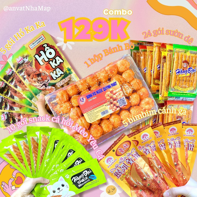 Combo quên lối về gồm: 1 hộp xiên vừng, 24 gói sườn dê, 5 hổ kaka, 5 bimbim cánh gà, 10 cá hồi mèo yêu cá