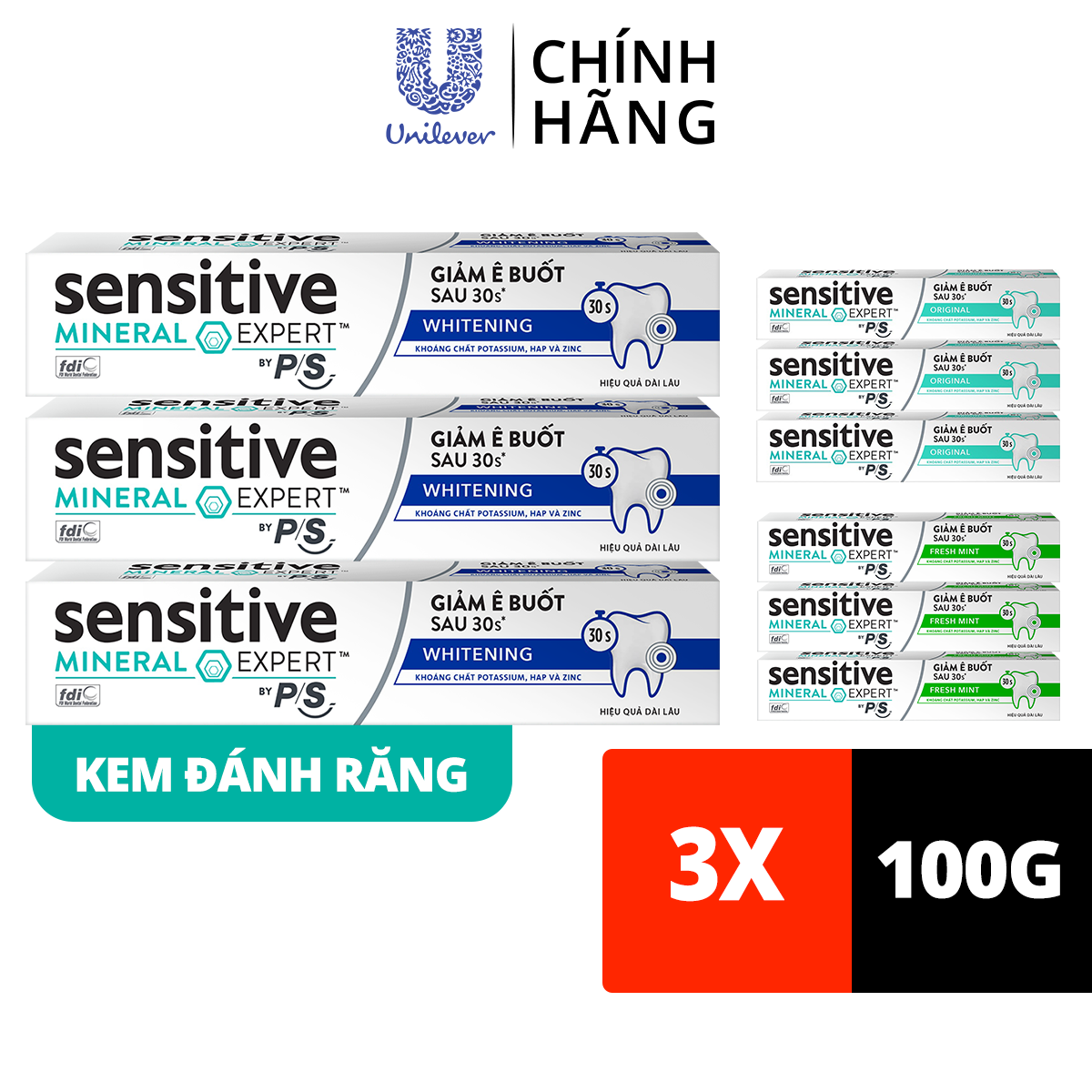 Bộ 3 Hộp Kem Đánh Răng P/S Giảm Ê Buốt Sau 30 Giây Sensitive Mineral Expert Whitening Với Tác Động Từ Khoáng 100G