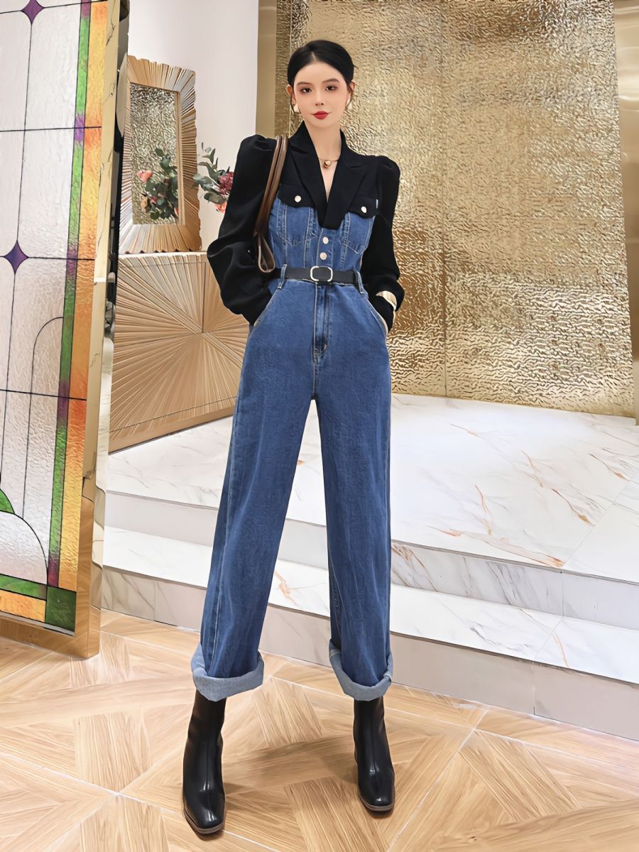Fashionable jumpsuit for women spring autumn denim slim wide leg pants