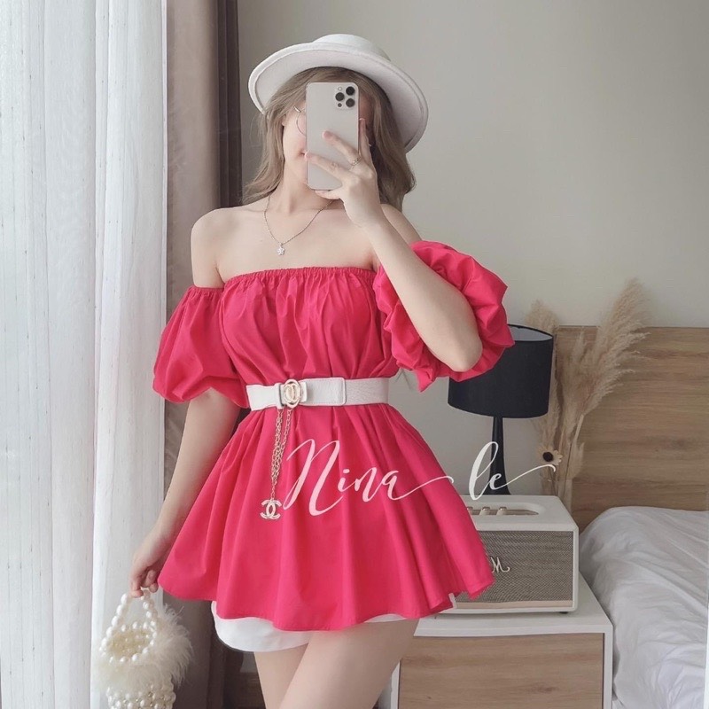 [Hàng loại 1] Áo kiểu bẹt vai form dài giấu quần kèm tay phồng - Chất vải chất lượng khỏi bàn