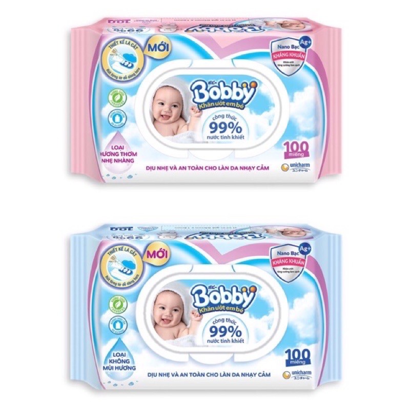 Khăn giấy ướt Bobby 80 miếng - 100 miếng có mùi và không mùi
