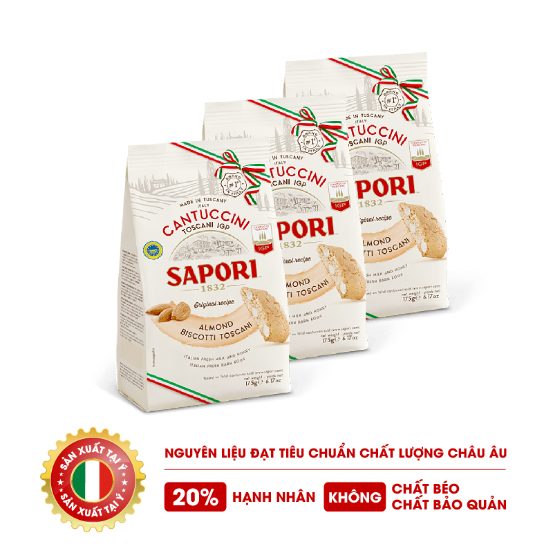 3 Gói bánh qui hạnh nhân giòn truyền thống Ý Sapori 175g, nhập khẩu Ý