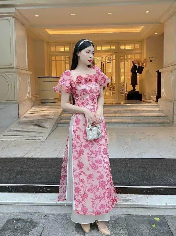 Sét Áo Dài 4 Tà Họa Tiết Hoa cách Điệu Cô