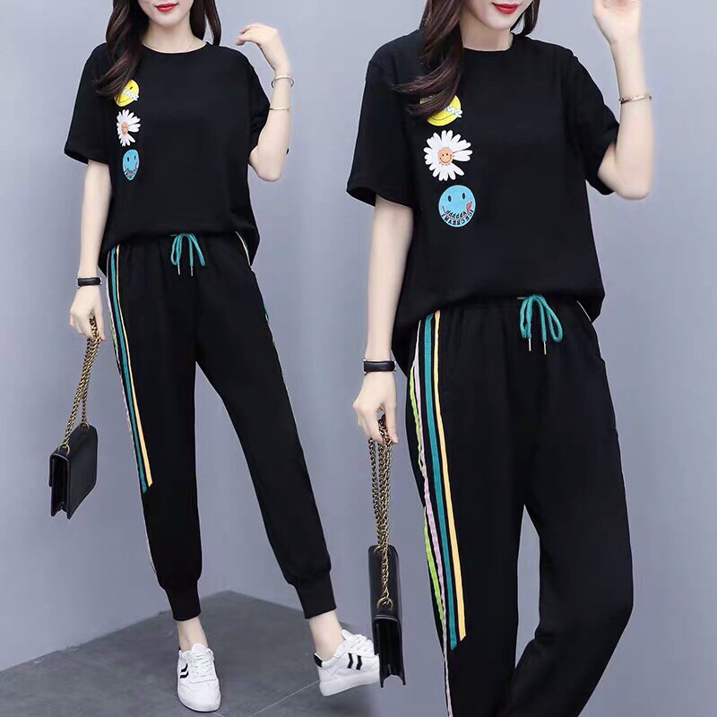 [HCM]Sét bộ nữ quần dài sọc hai bên áo thêu hoa tay ngắn