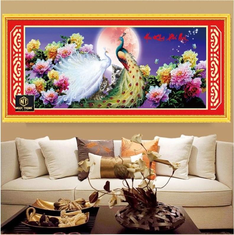Tranh thêu chữ thập chim công Hoa Khai Phú Quý MN0049 150x64cm