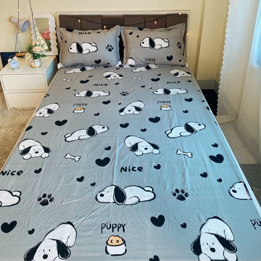(Freeship50k) Bộ 3 món Ga gối, ga bọc nệm, drap giường giá rẻ kích thước m2/m6/m8/2m2 chất Poly cotton - Ga bo chun bảo vệ đệm, Chăn ga gối Moon Shop [Chó ngủ]