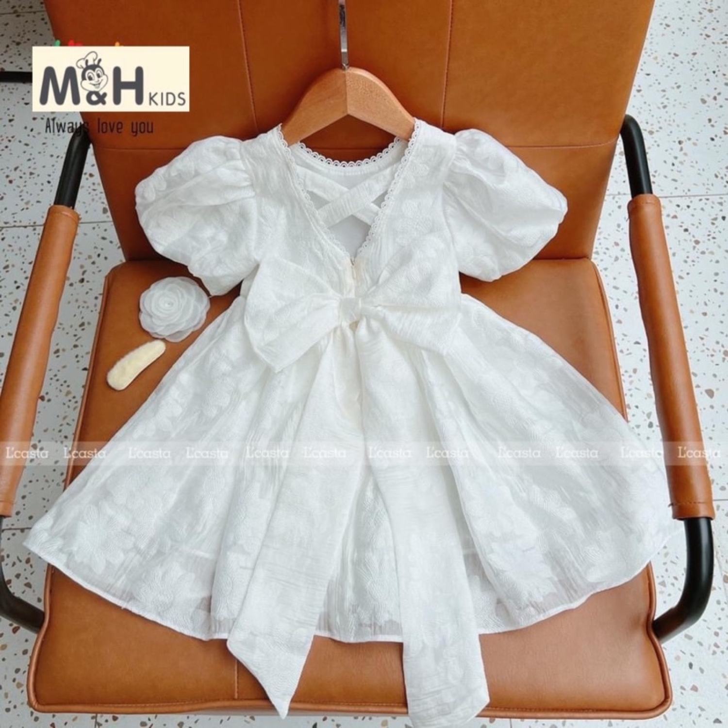 (10-26kg) Đầm trắng công chúa tay phồng cho bé gái