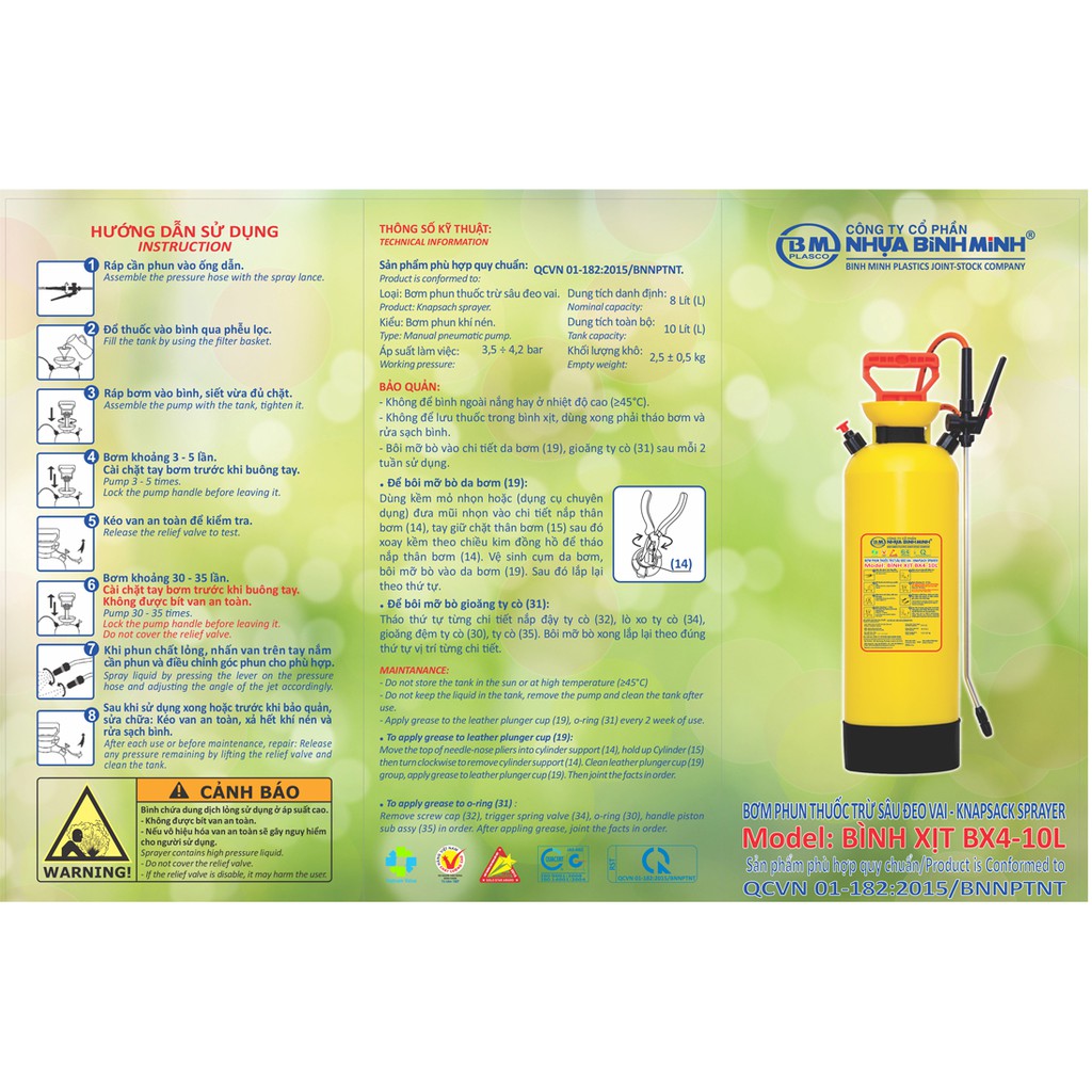 Bình xịt tưới cây Bình Minh 10 lít, 5 lít