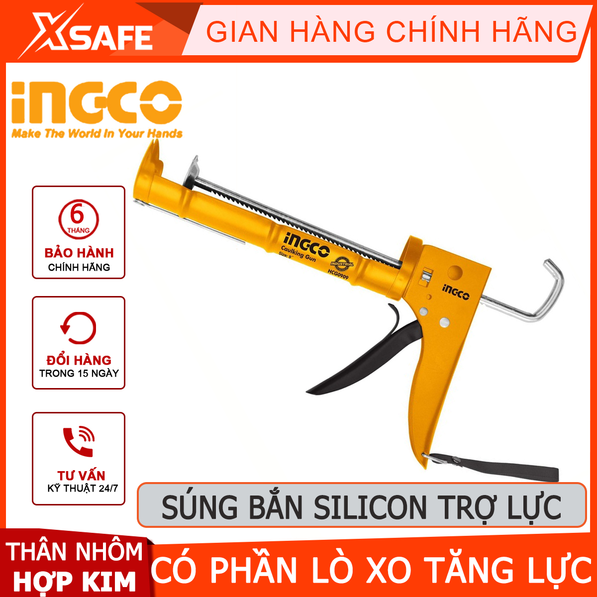 Dụng cụ bơm silicon có trợ lực INGCO HCG0909 | công cụ bơm keo kích thước 9" (225mm) thân nhôm hợp kim bơm keo chống thấm sàn mái bê tông, công trình