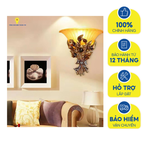 Đèn tường hoa rum vàng chất liệu : thân composite + chao thủy tinh 6183-a