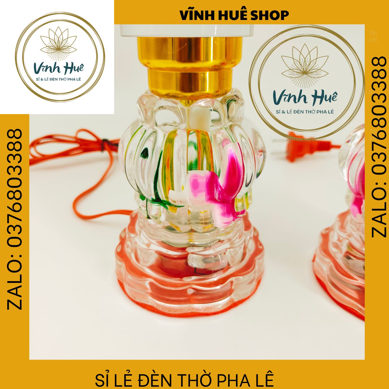 1 CẶP ĐÈN PHA LÊ, ĐÈN THỜ CÚNG, ĐẾ TRÒN HOA SEN MẠCH CHỚP 7 MÀU