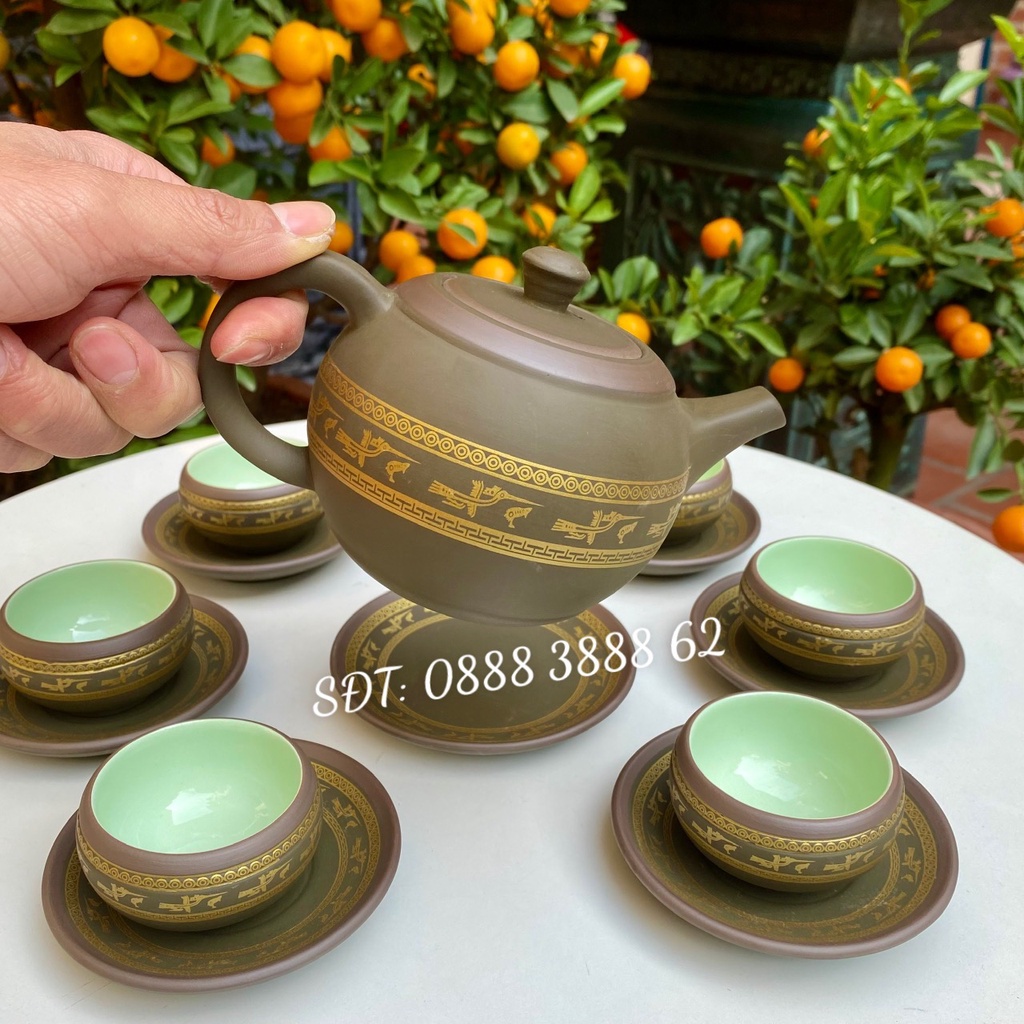 Bộ Ấm Chén Uống Trà, Bộ Ấm Chén Bát Tràng - Tử Sa Lạc Việt Xanh, Bộ Ấm Trà Trống Đồng Xanh