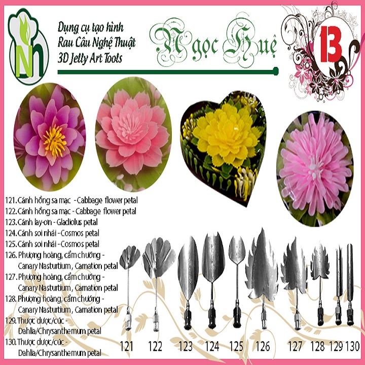 Kim rau câu 3D Ngọc Huệ (bộ số 13 - hoa hồng sa mạc, lay ơn, sao nhái, cẩm chướng, thược dược)