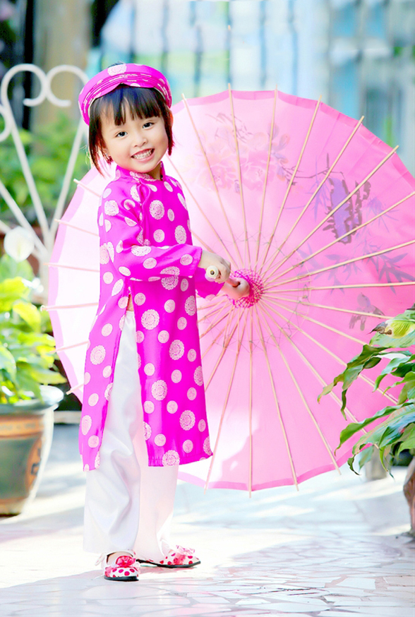 ÁO DÀI KHĂN XẾP TRẺ EM HOA ĐỒNG TIỀN MÀU HỒNG, ÁO DÀI TRẺ CON
