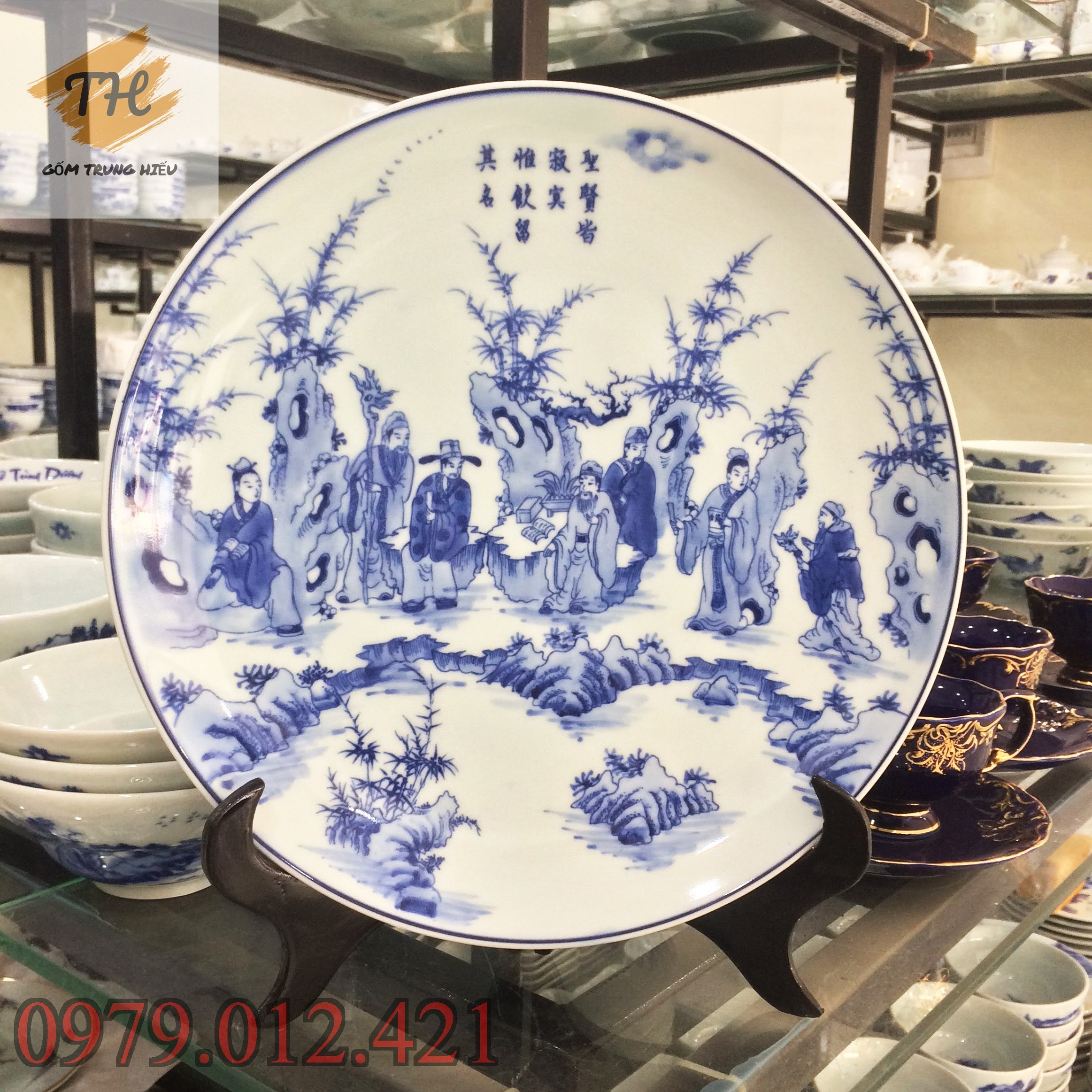 Đĩa cảnh Bát Tràng tích "Trúc Lâm Thất Hiền" đường kính 30cm