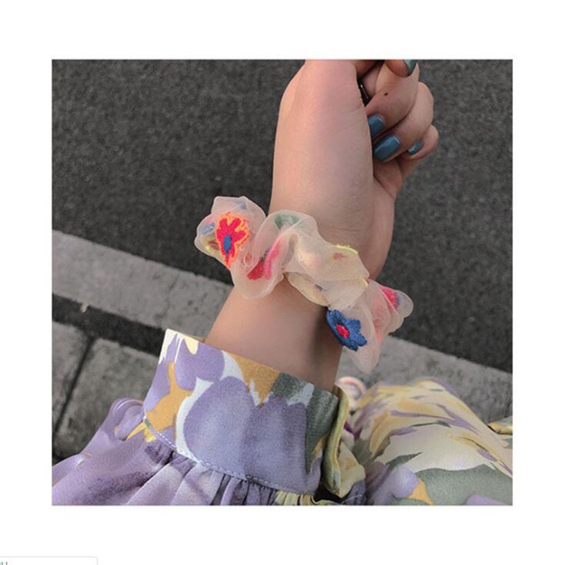 [HCM]Scrunchies cột tóc thêu hoa vải voan lưới