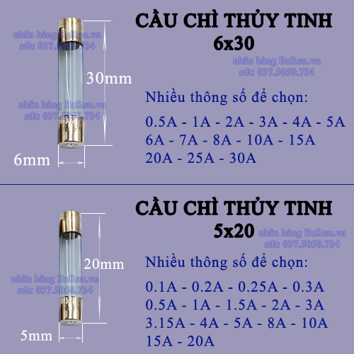 Cầu chì thủy tinh 6x30mm 0.5A/1A/2A/3A/4A/5A/6A/7A/8A/10A/15A/20A/25A/30A