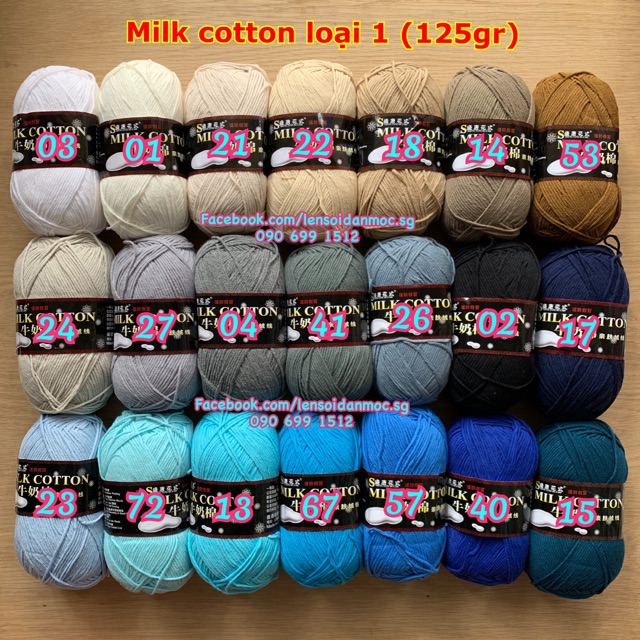 Len Milk Cotton loại 1 (cuộn 125gr) (Màu 01 ~ Màu 24)
