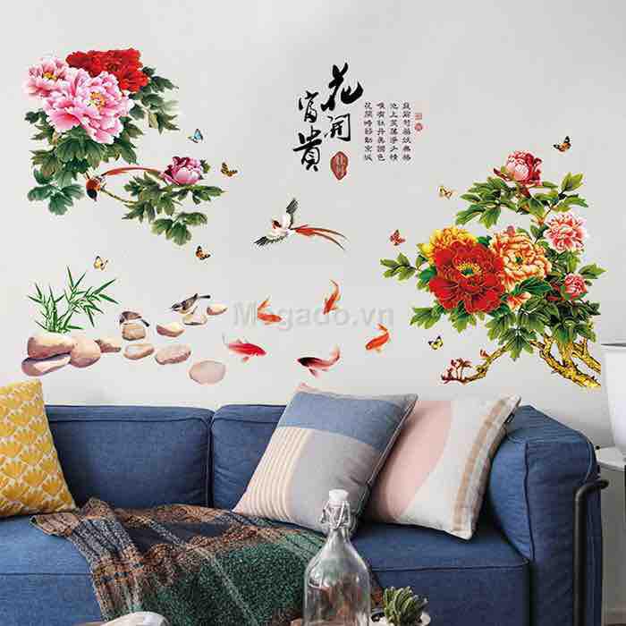 Decal tranh dán tường hoa mẫu đơn