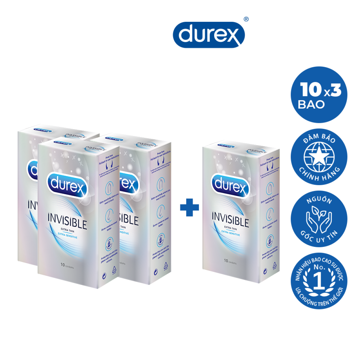 Bộ 4 Bao cao su Durex Invisible Hộp 10 Bao - Mua 3 tặng 1