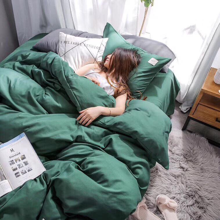 Bộ chăn ga gối cotton phong cách Hàn Quốc Basic xanh cổ vịt bo chun đủ kích thước