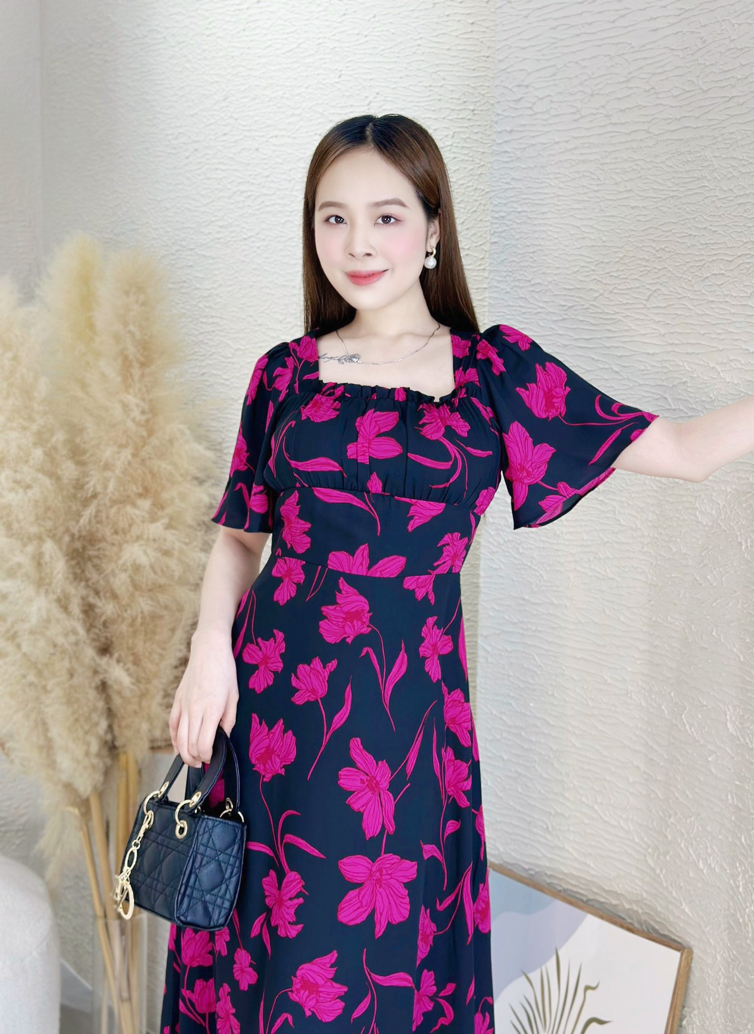 Đầm xòe hoa form dài cổ phối bèo tay loe Misa - MS0265