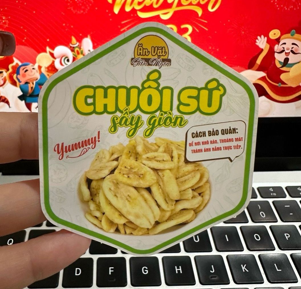 55 tem dán "chuối sứ sấy giòn" - lục giác 7x8cm