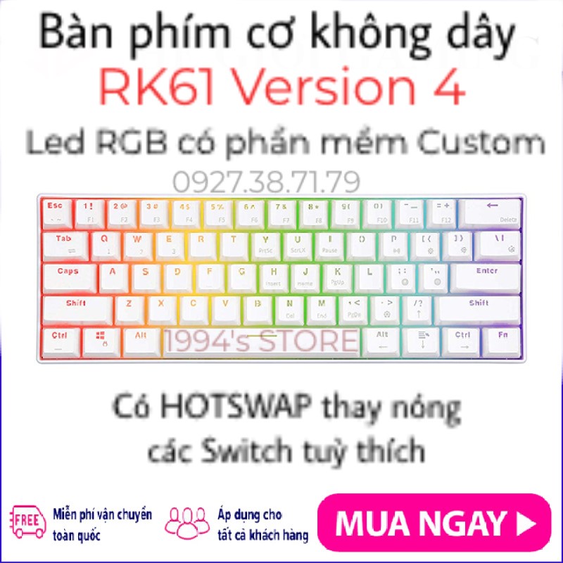 RK61 HOTSWAP - Bàn Phím Cơ Không Dây RK61 Version 4 - LED RGB Custom - Bluetooth 5.1 - Cáp Type C - Wireless 2.4G