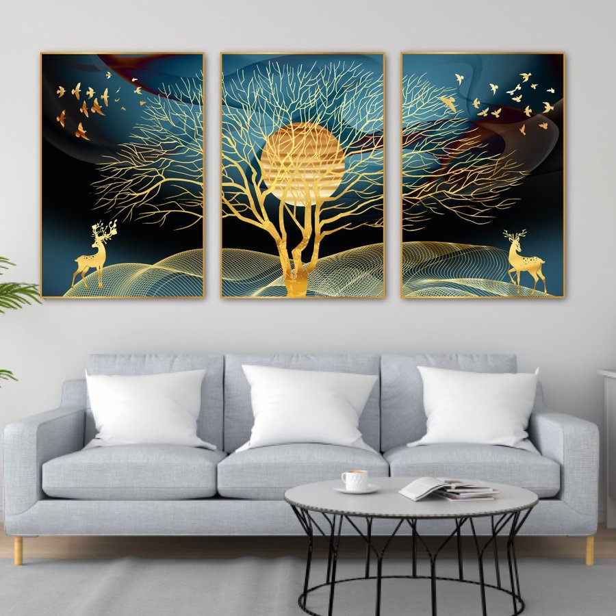 (Sẵn Khung-Tặng Kèm Đinh) Bộ tranh treo tường Hươu tài lộc tranh canvas có khung gỗ decor phòng khách in nghệ thuật 3D hiện đại Tranh con hươu