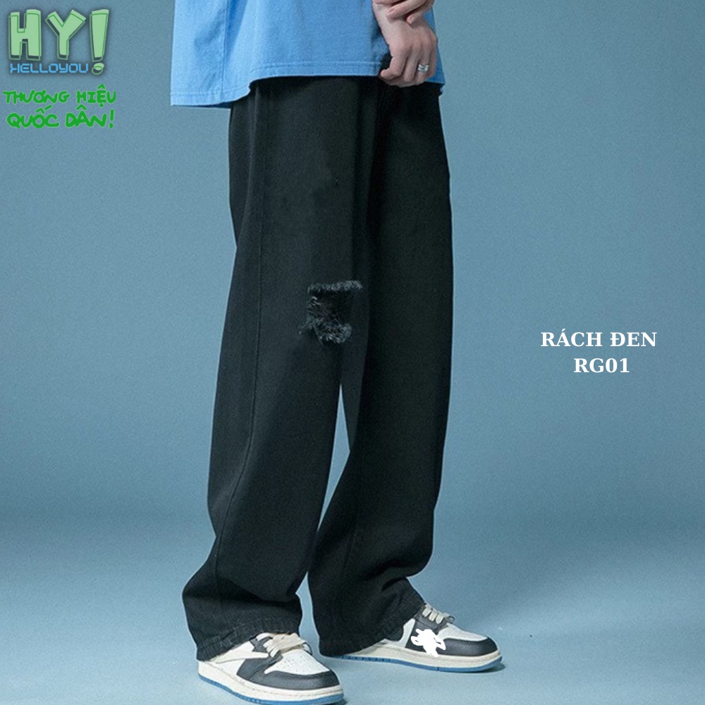 Quần jean baggy nam rách trắng đen 2 gối gấu ống suông rộng chất vải bò cao cấp Ullzang hàn quốc