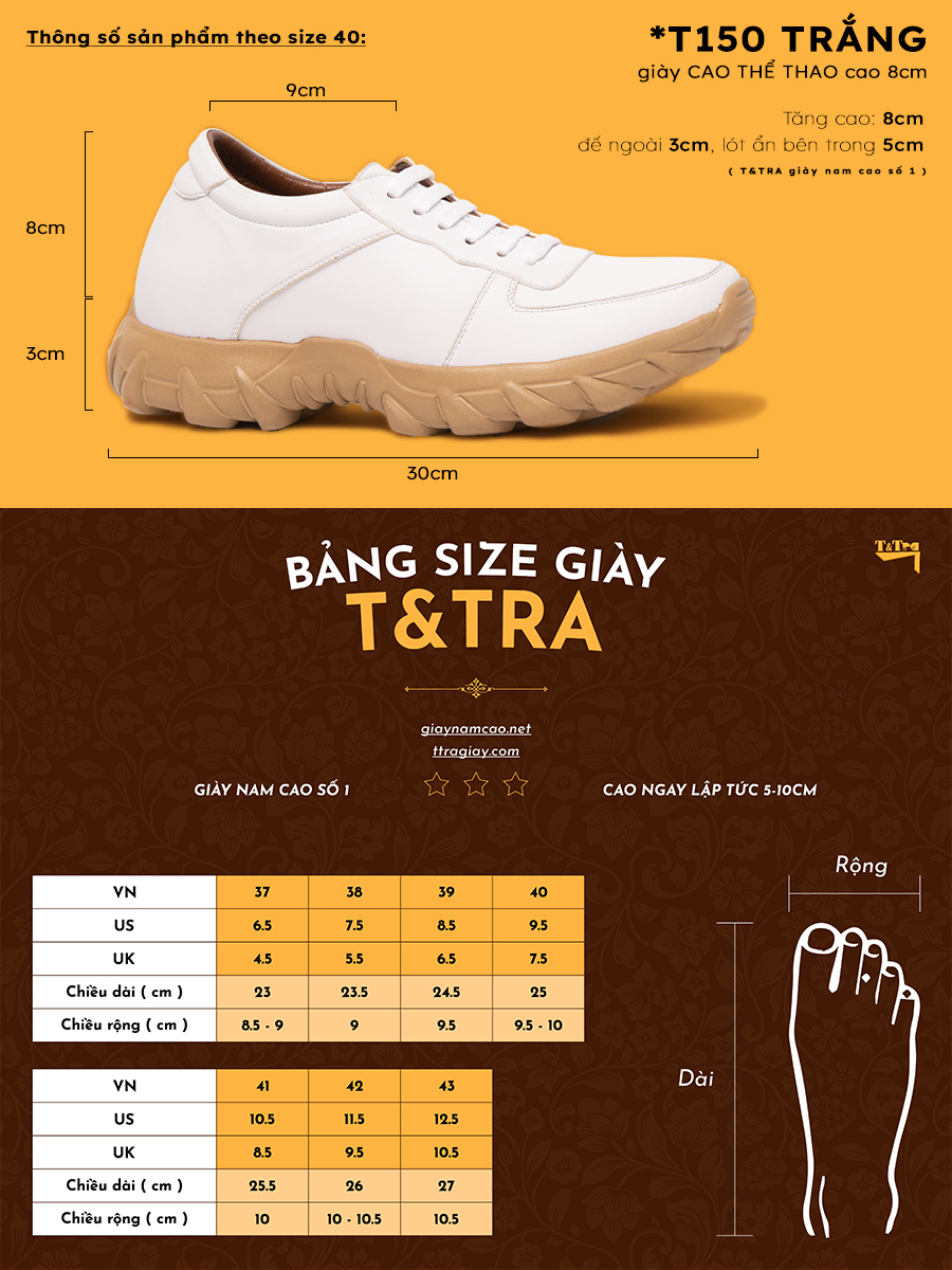Giày Đế Cao Nam T&TRA T150 Trắng cao 8CM