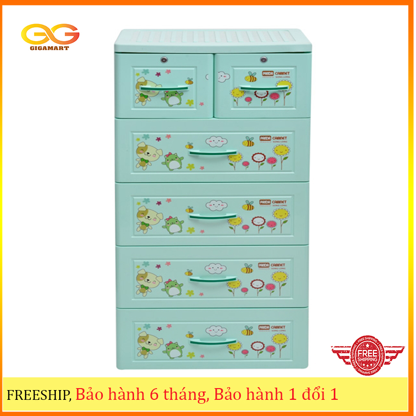 Tủ nhựa đựng quần áo Panda 5 tầng 6 ngăn có khóa Song Long- chọn màu, họa tiết ngẫu nghiên - Có thu phụ phí ship