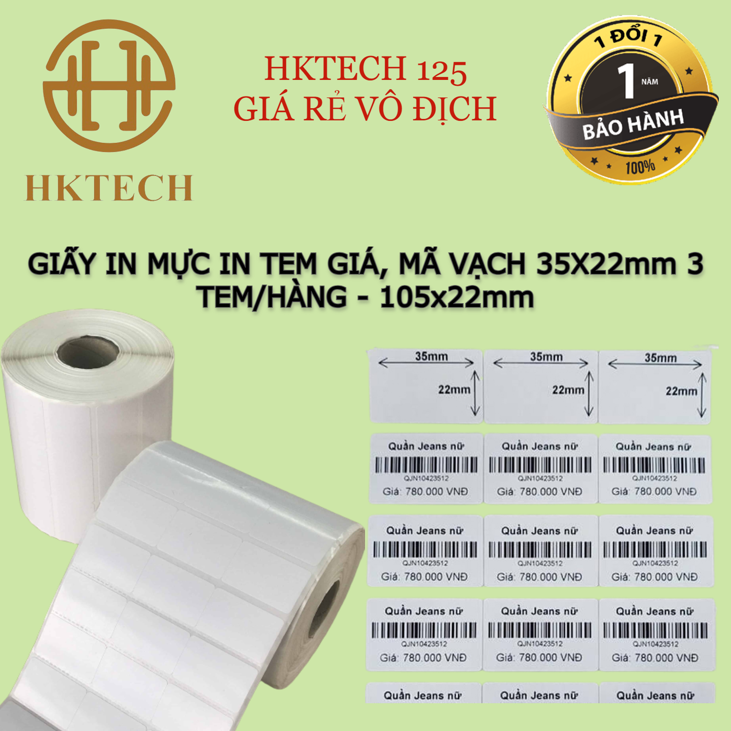 Giấy in mực 3 tem khổ 35x22mm, tem in mã vạch 3 tem, 105x22mm, cuộn 50m