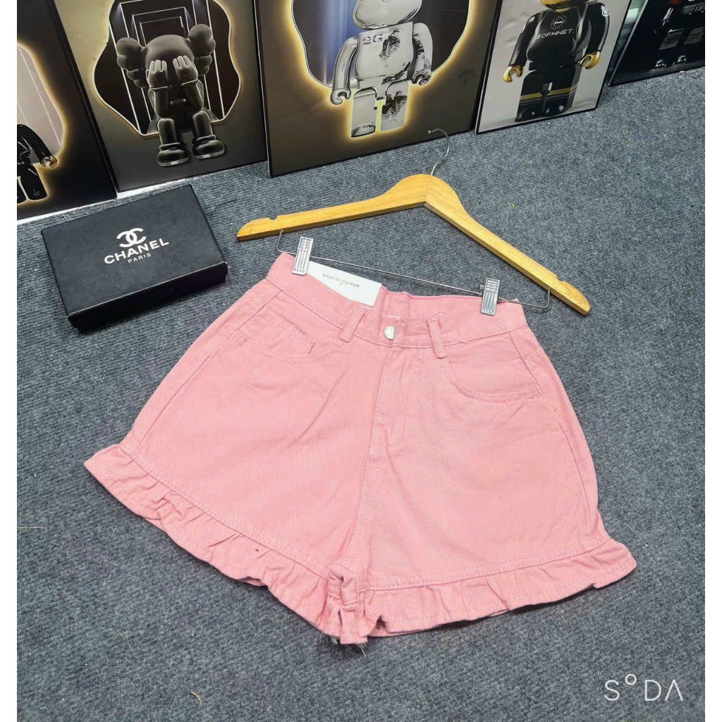 Quần Short Nữ Jean Lưng Cao Lai Phối Bèo
