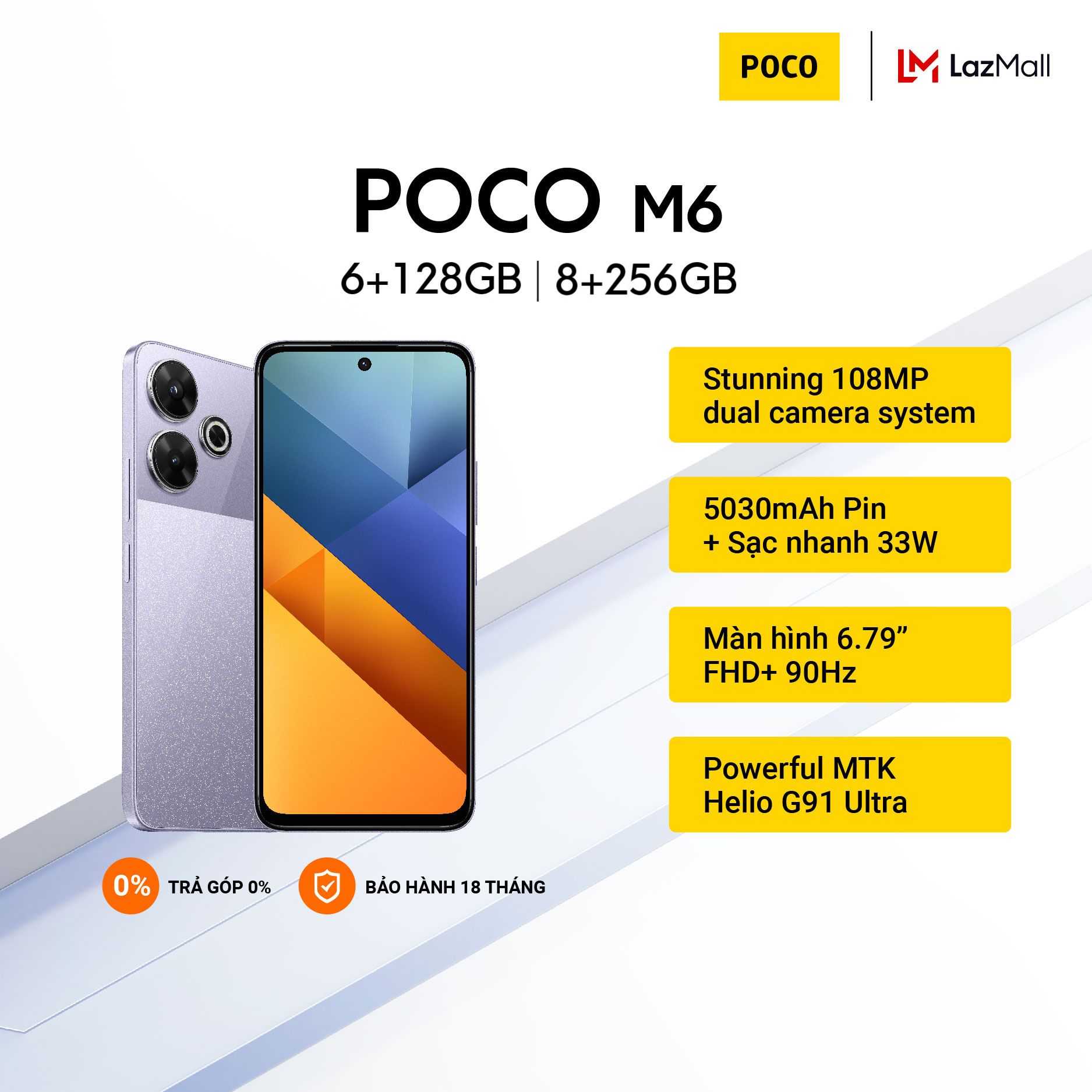 Điện thoại thông minh POCO M6 (6+128GB | 8+256GB) | Màn hình FHD+ 6,79" 90Hz | MediaTek Helio G91Ultra | Camera 108MP