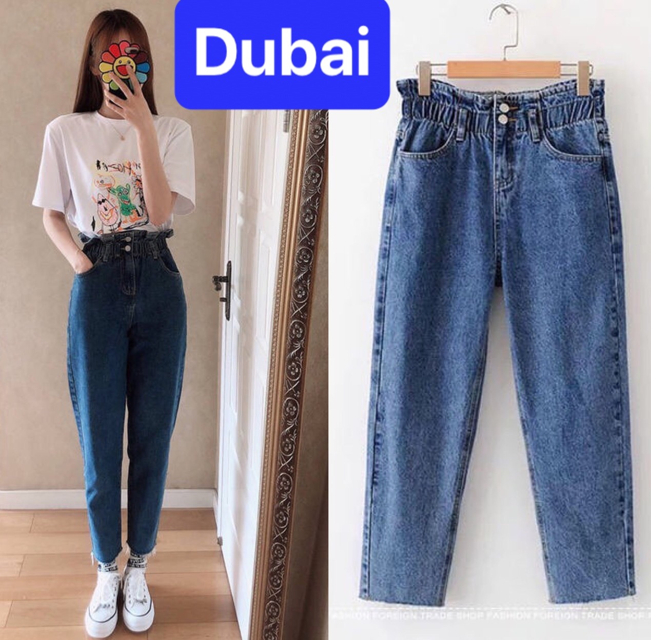 QUẦN JEAN BAGGY NỮ CHẤT BÒ XANH LƯNG THUN CẠP CHUN 2 CÚC HÀN QUỐC LƯNG CAO NÂNG MÔNG DB-336 - DUBAI FASHION