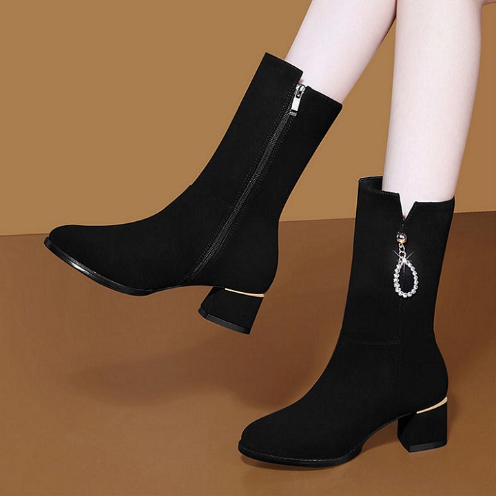 Giày boot nữ gót vuông 3 phân 5 phân da lộn ống lửng chất lượng sang trọng bốt ống S111