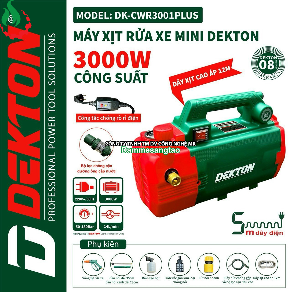 Máy rửa xe chỉnh áp dekton dk-cwr3001plus điện 220v