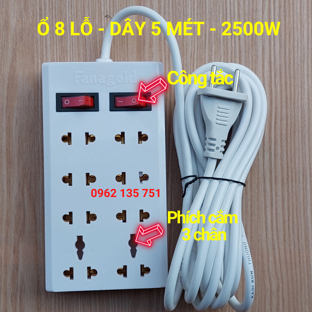 Ổ cắm điện Fanagold có công tắc chịu tải 2500W dây dài 3m, 5m