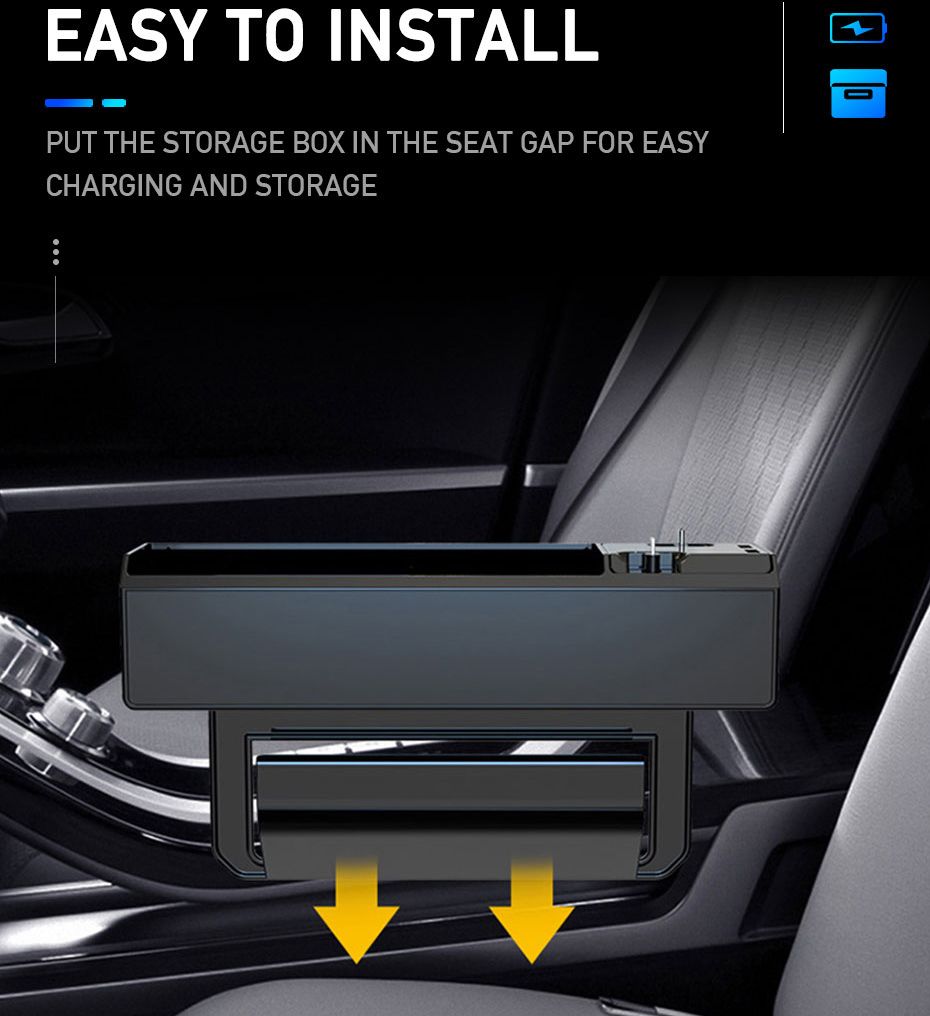 Car Seat Gap Storage Box with USB Port Phone Charge Wire