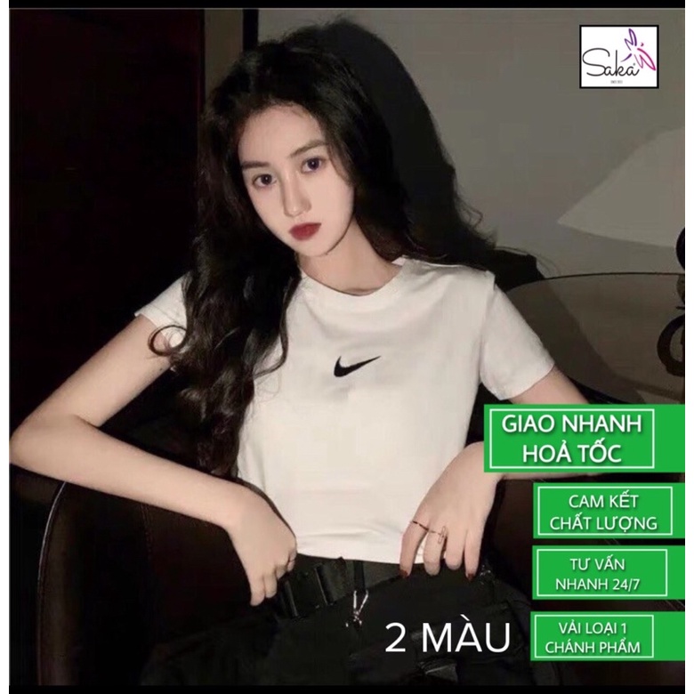 Áo thun crop nữ trắng đen thêu logo nổi