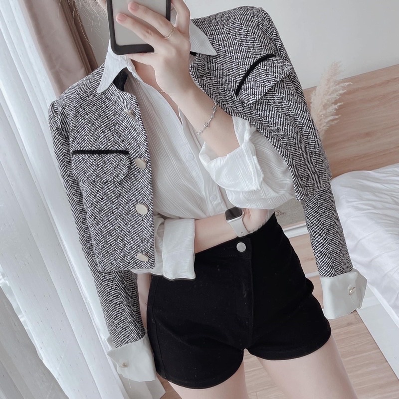 Quần short jeans kaki cạp cao