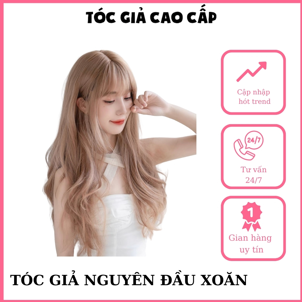 Tóc giả nữ nguyên đầu màu vàng tây, xoăn dài 60cm, c8136, tặng kèm lưới trùm.
