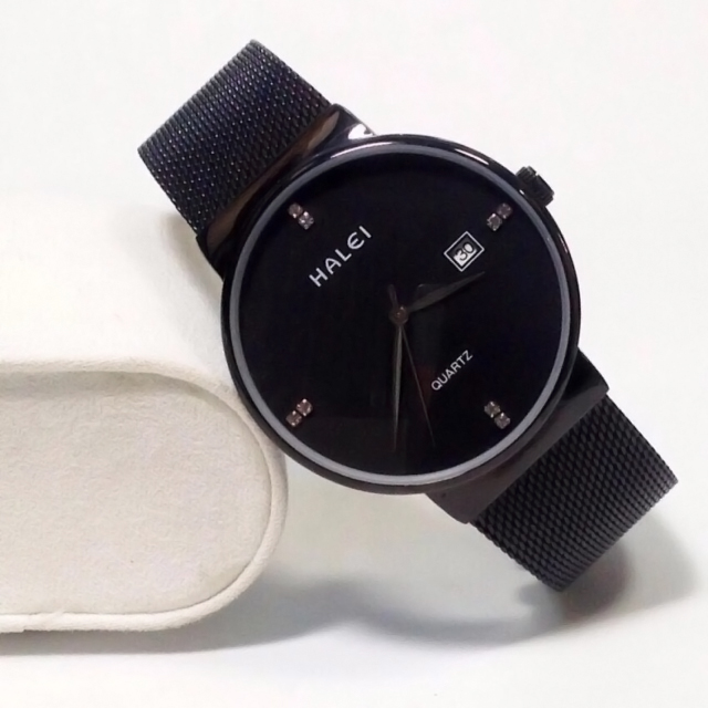 Đồng hồ cặp đôi nam, nữ dây thép lụa Halei Full Black