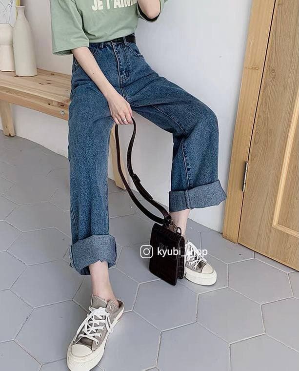 [VOUCHER 12%/149K] Quần Jean baggy nữ ống rộng Ulzzang Kyubi lưng cao xanh đậm có Bigsize - Quần jean paggy Kyubi BJR21.D