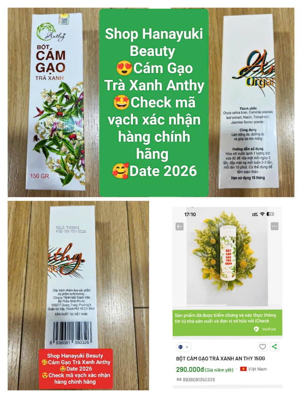 [Chính hãng Anthy-Date 2026] Bột Cám Gạo Trà Xanh Anthy 150gram